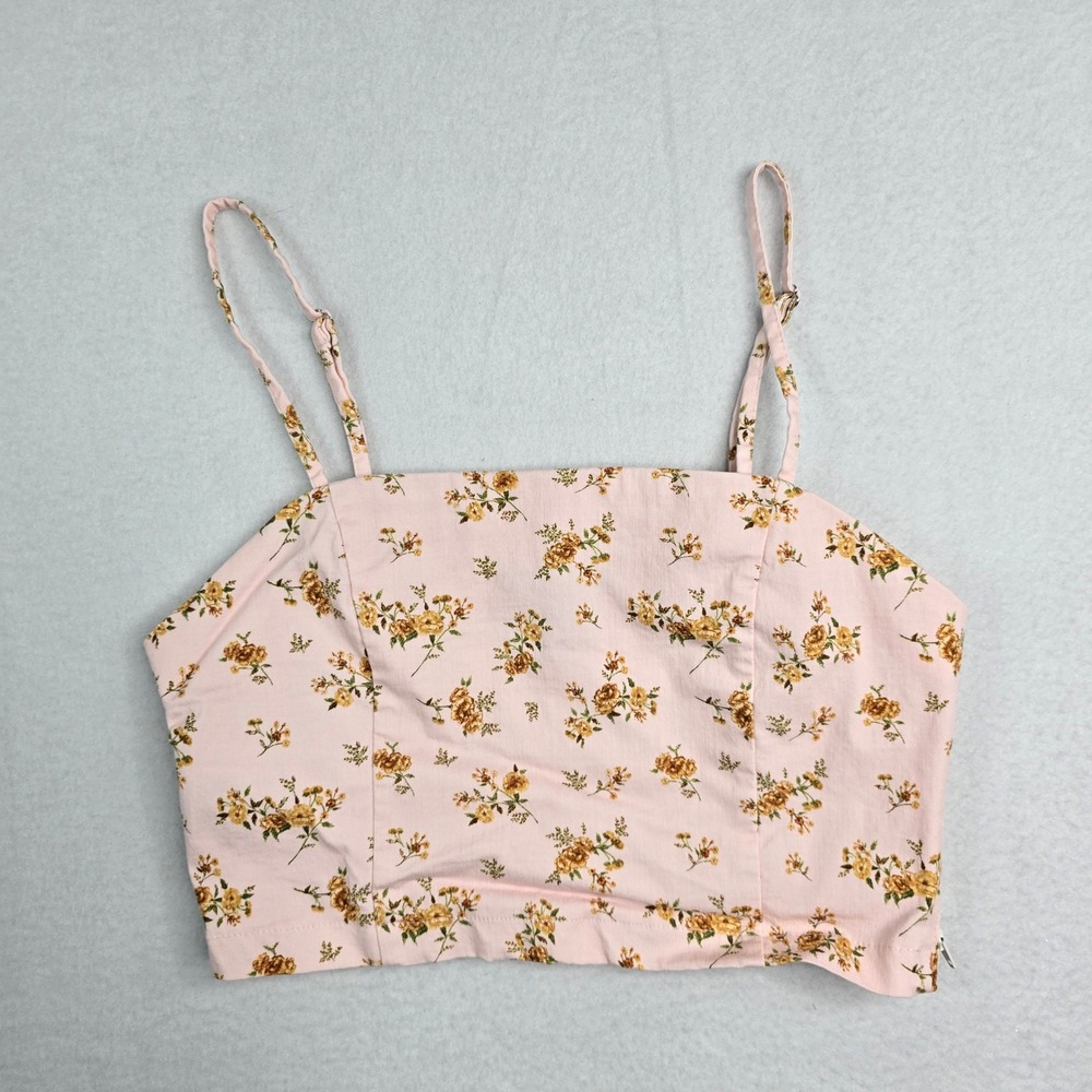 Forever 21 Pink Floral Crop Top Spaghetti Straps Square‎ Neck Side Zip Women L